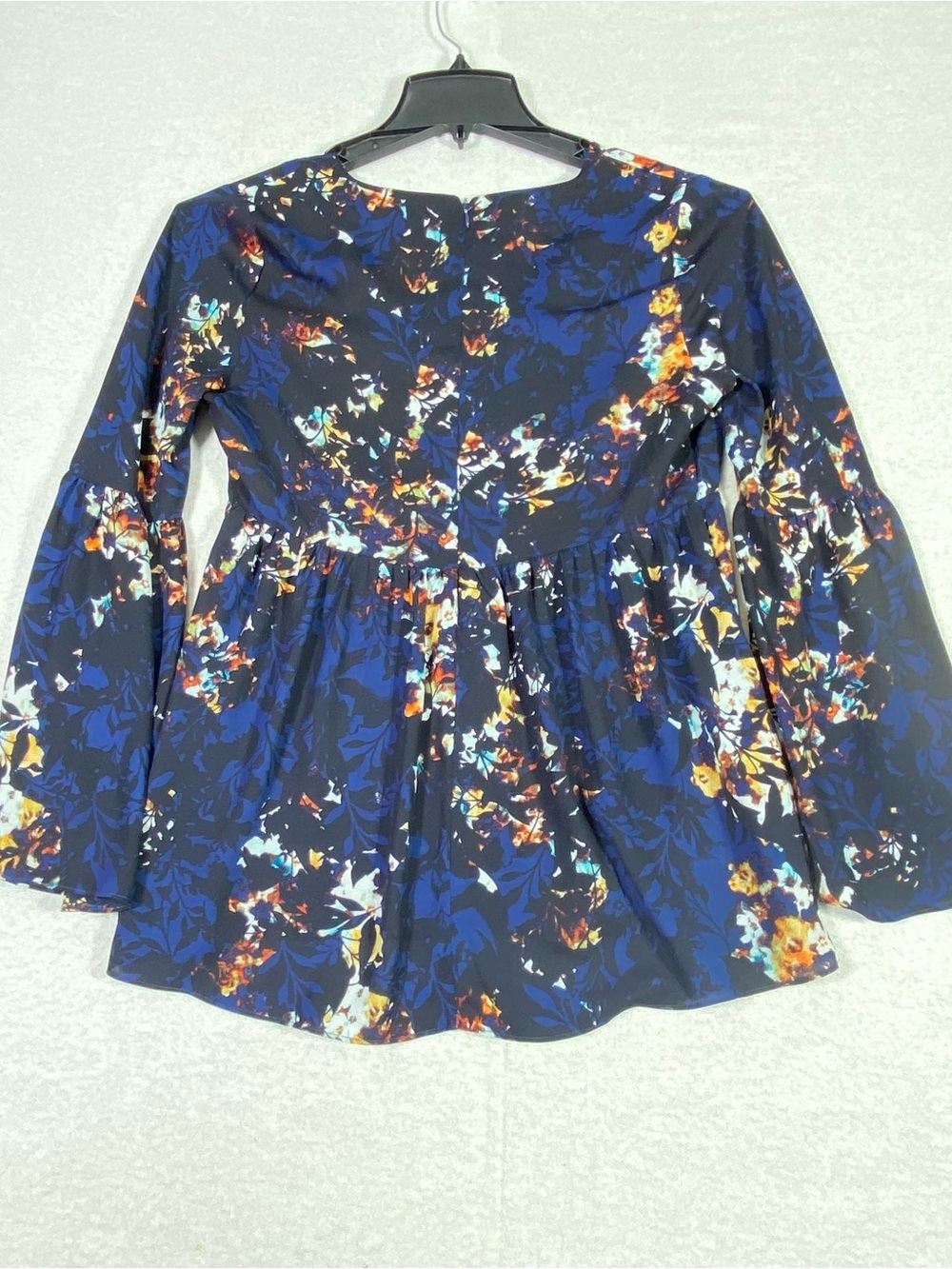 A.N.A. Floral Peplum Wrap Style Blouse Women's S Blue Black Bell Sleeves Flowy - Picture 7 of 13